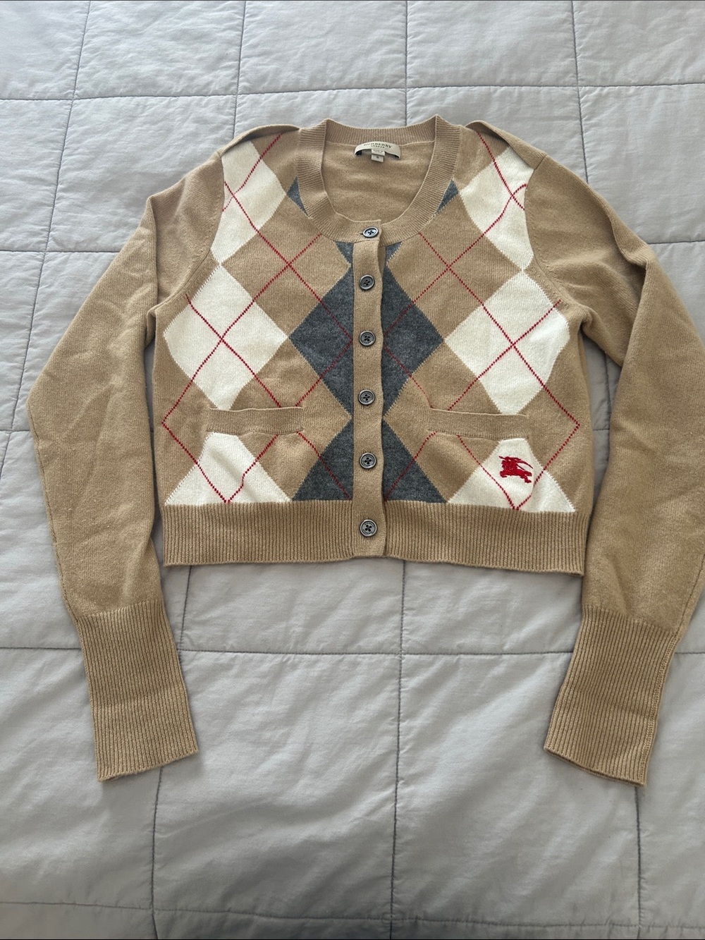 Burberry Beige Argyle Wool-Blend Cardigan with Red Accent